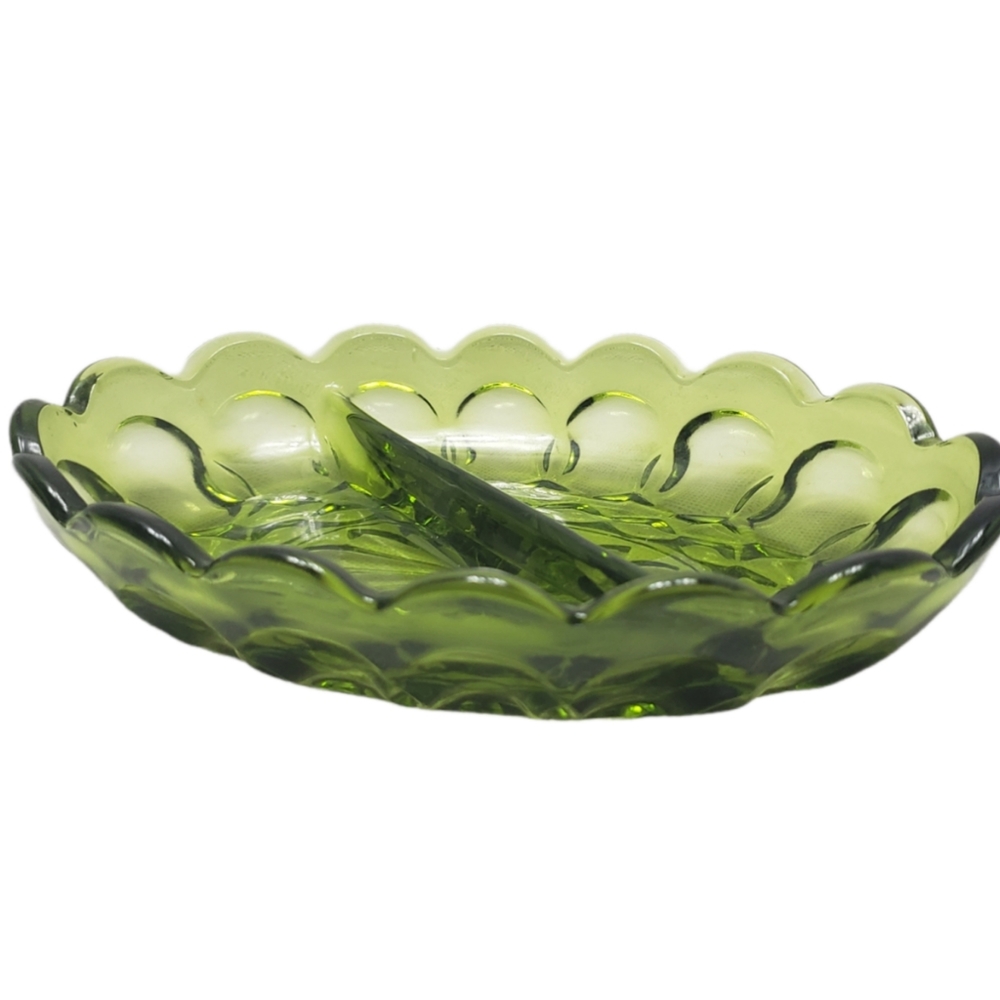 Anchor Hocking Fairfield Avocado Green Glass Relish Dish 1970's Vintage  Antique